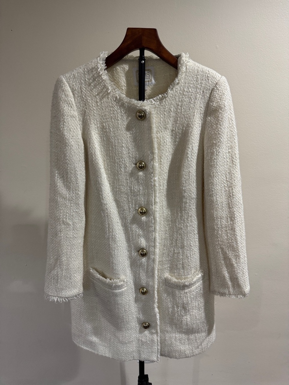 Sail to Sable Cream Tweed Fringe Trim Long Jacket Coat w/ Gold Buttons (Size S)